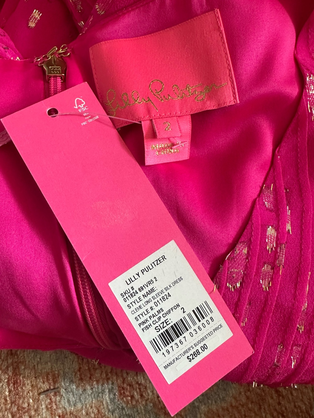 NWT Lilly Pulitzer Cleme Long Sleeve Silk dress pink palms fish clip chiffon 2 - Picture 4 of 7